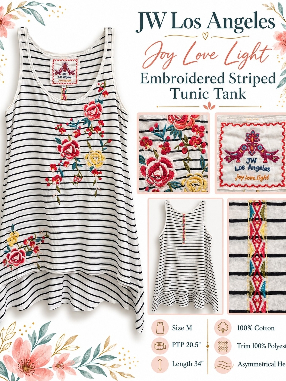 JW Los Angeles Joy Love Light Embroidered Striped Tunic Tank Medium